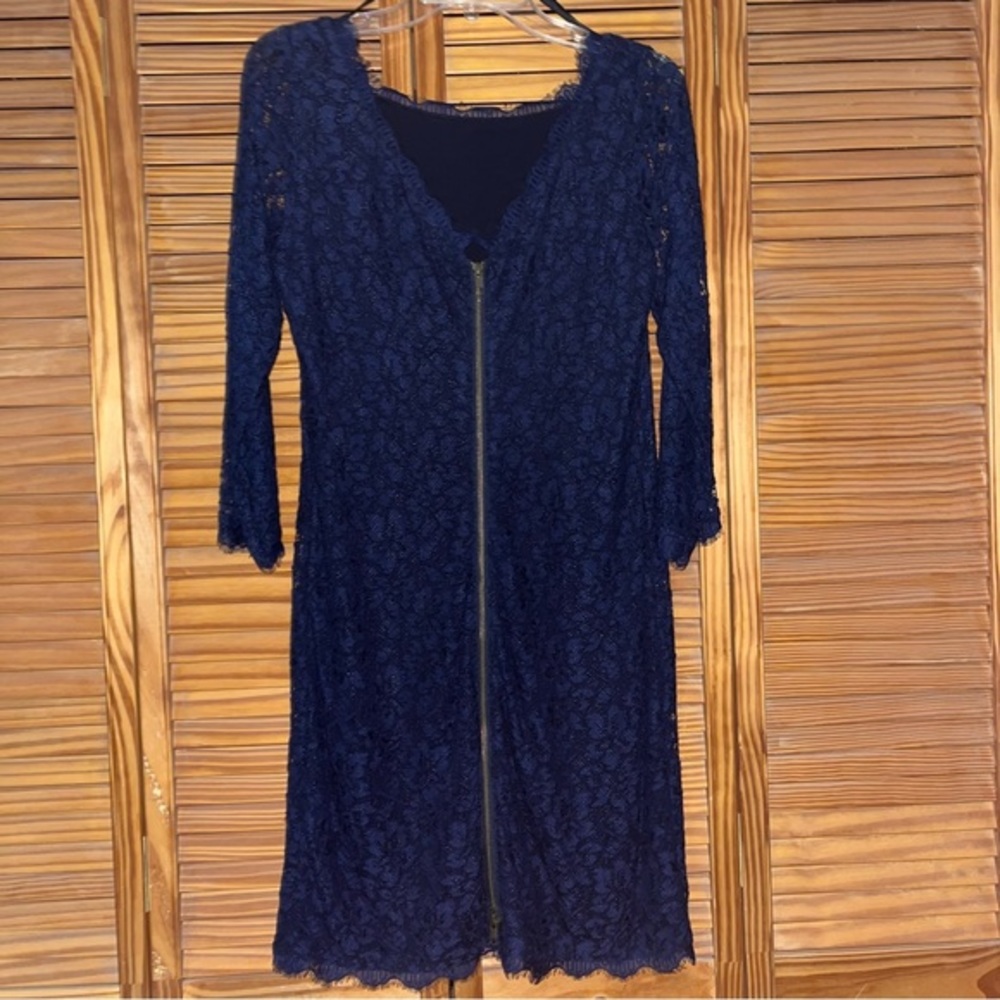 Diane Von Furstenberg Zarita Lace Midnight Blue Sheath Dress Size 10 - Picture 3 of 15
